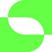 A bold, bright green abstract graphic resembling two opposing semicircles with a white curved gap between them, forming a stylized "S" shape. 
