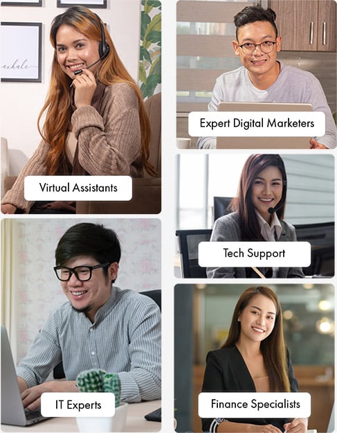Collage of five professionals representing different roles: a woman with a headset labeled "Virtual Assistants," a man labeled "Expert Digital Marketers," a woman with a headset labeled "Tech Support," a man working on a laptop labeled "IT Experts," and a woman in business attire labeled "Finance Specialists."