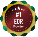Decorative award badge with a red center and green-gold ribbon edges, displaying the text “#1 EOR Provider” with white stars above.