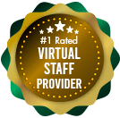 Gold and green award badge with white stars and the text “#1 Rated Virtual Staff Provider.”