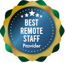 Blue and gold award badge with white stars and the text “Best Remote Staff Provider.”