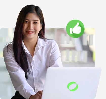 A woman with her laptop and a thumbs up icon