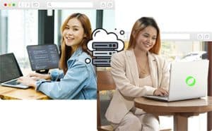 Team of women working remotely with digital interface and satisfaction icon.