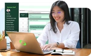 Woman in white blouse typing and smiling, working in front of dashboard data.