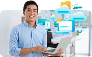 Male professional smiling confidently with abstract cloud-based background.