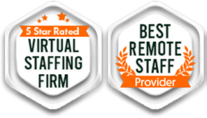Two hexagonal award badges side by side. The left badge reads “5 Star Rated Virtual Staffing Firm” with orange stars and banner. The right badge says “Best Remote Staff Provider” with green text and orange laurel graphics.