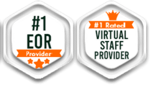  Two hexagonal award badges. The left badge reads “#1 EOR Provider” with an orange ribbon and stars. The right badge says “#1 Rated Virtual Staff Provider” with an orange crown and banner.