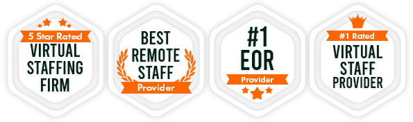  Row of four award badges recognizing excellence in virtual staffing and remote staff services, including 5-star and #1 provider ratings.